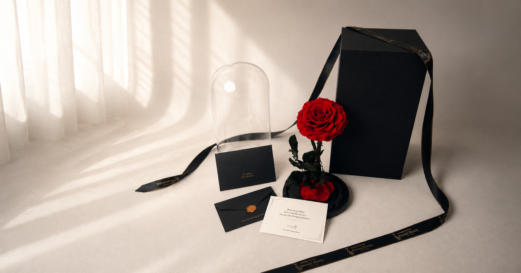 Three preserved red roses in a glass dome with a luxury  black gift box, ready to gift, Australia