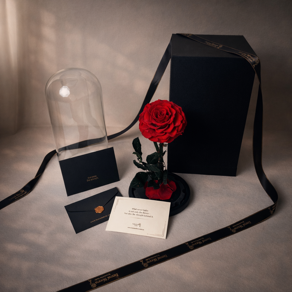 gift ready preserved red rose glass dome, luxury box, ribbon and card included