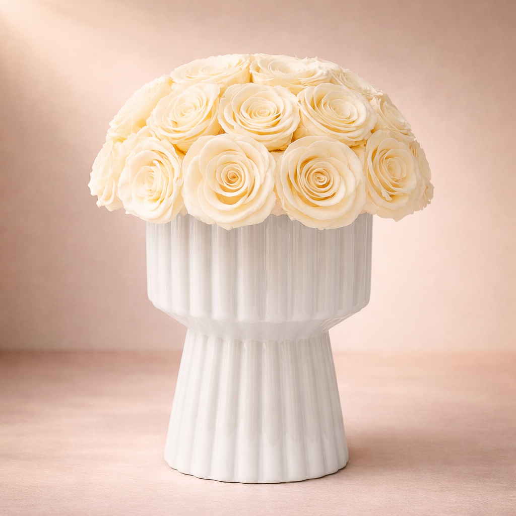 White vase with cream preserved roses on a soft pink background, luxury home decoration