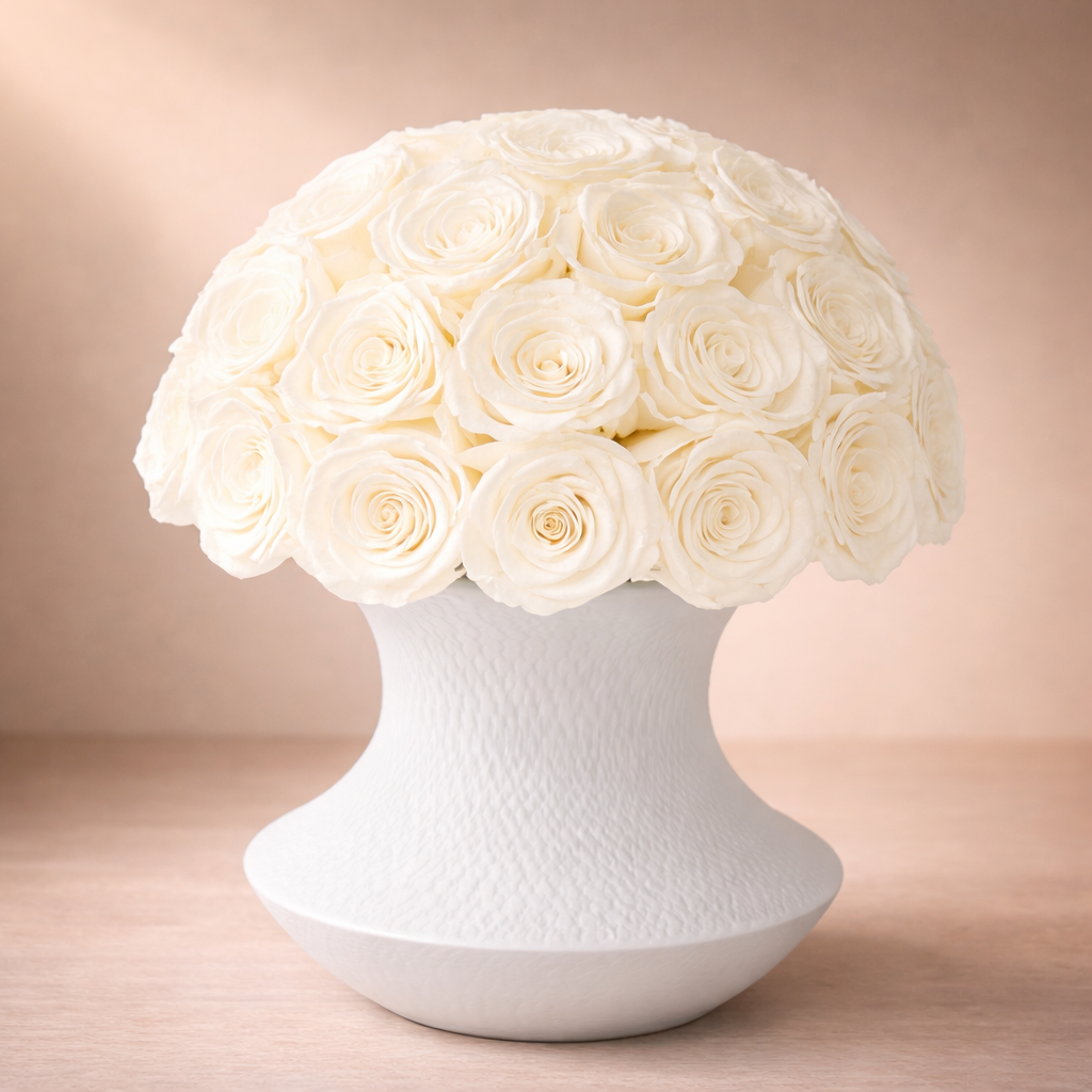 White ceramic vase with white preserved  roses on a beige background