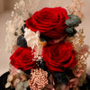 close up 3 red roses glass dome