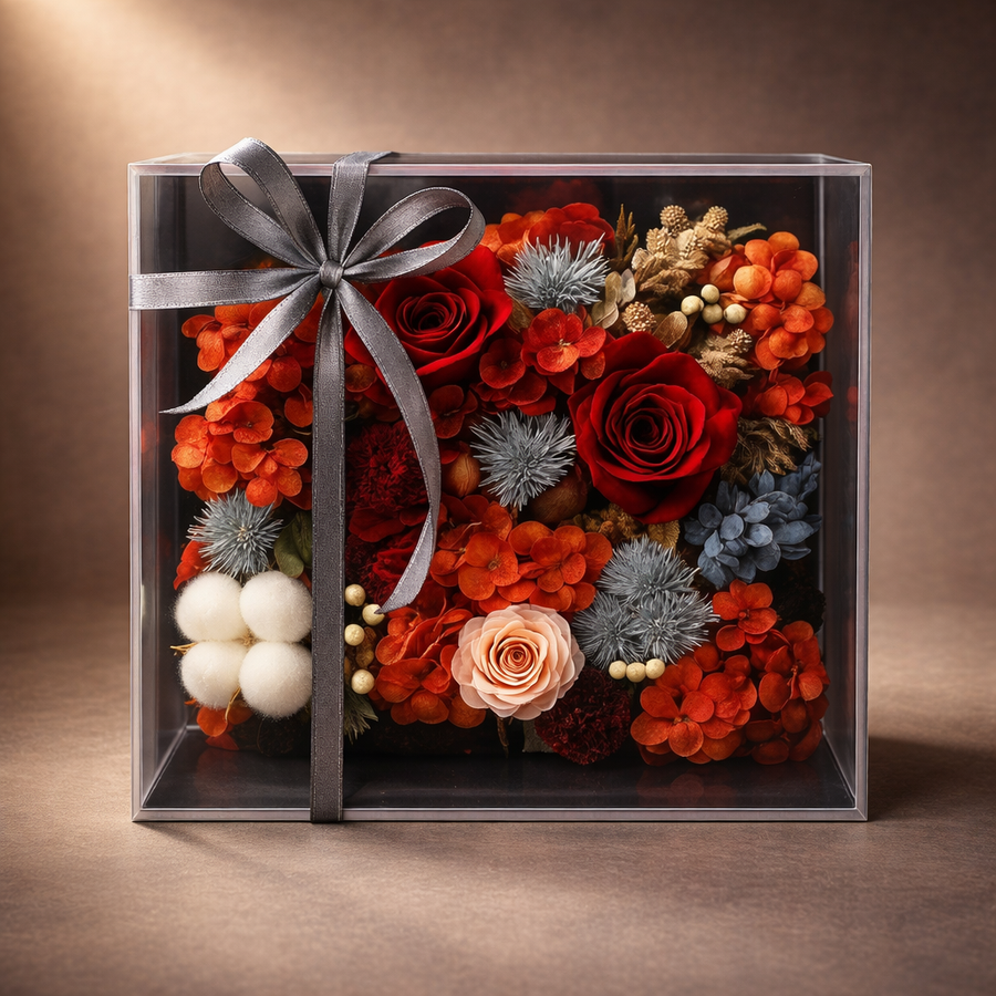 Decorative box filled with colorful preserved flowers and a gray ribbon,  premium box, long lasting roses
