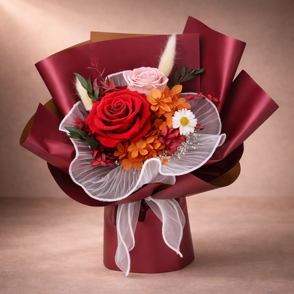 Bouquet of preserved flowers wrapped in red paper on a brown background