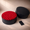 Black luxury round box with 99 red preserved roses and card, envelop included. luxury proposal gift 
