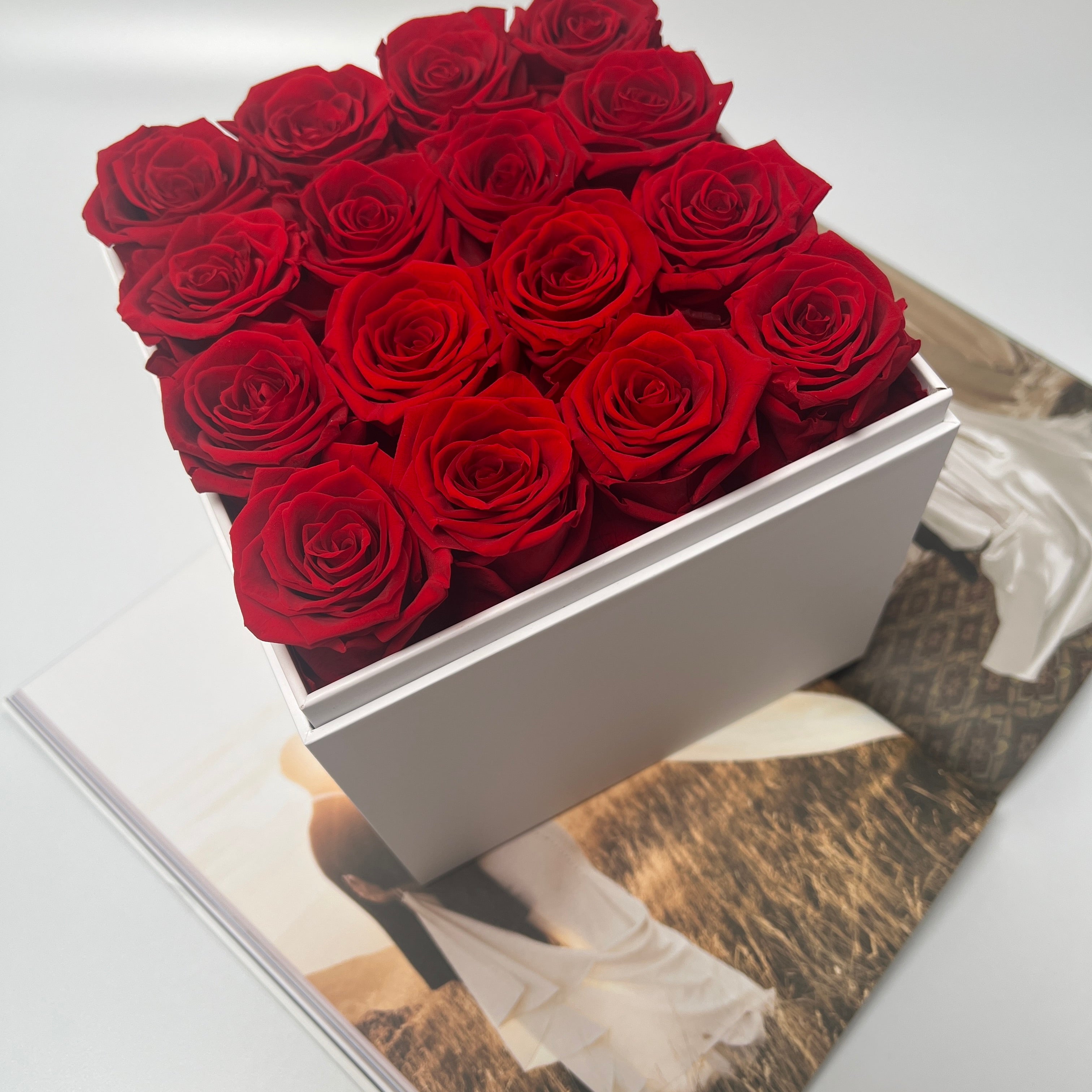Luxury Grand Preserved Rose Square Box Acrylic Cover - 16 Red Roses