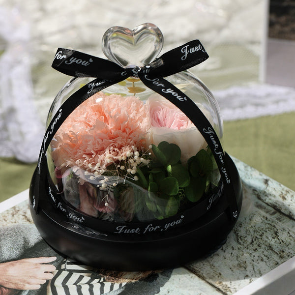 Preserved Rose Glass Dome – Heart Handle – Pink