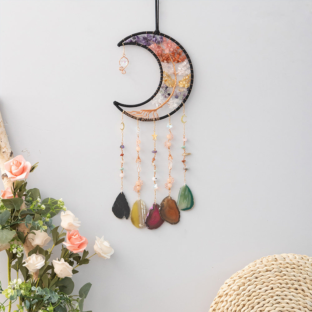 Chromatically Dazzling Moon Shape Dream Catcher with Healing Agate Crystal