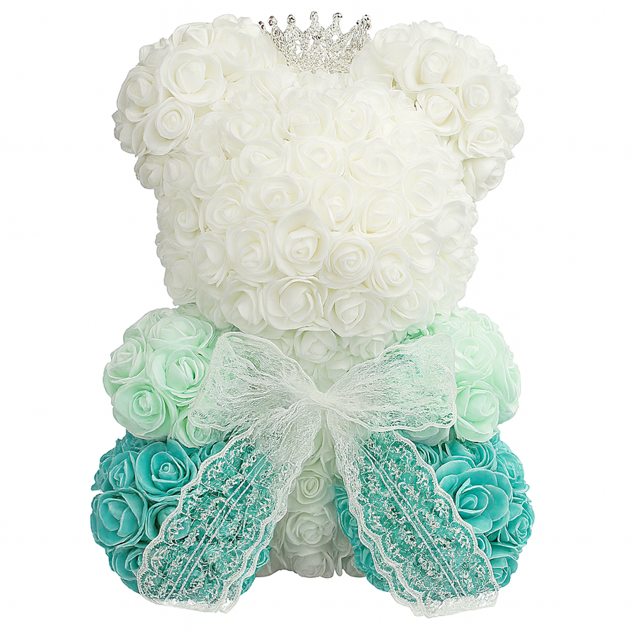 Tiffany Blue Rose Bear with Crown - 40cm