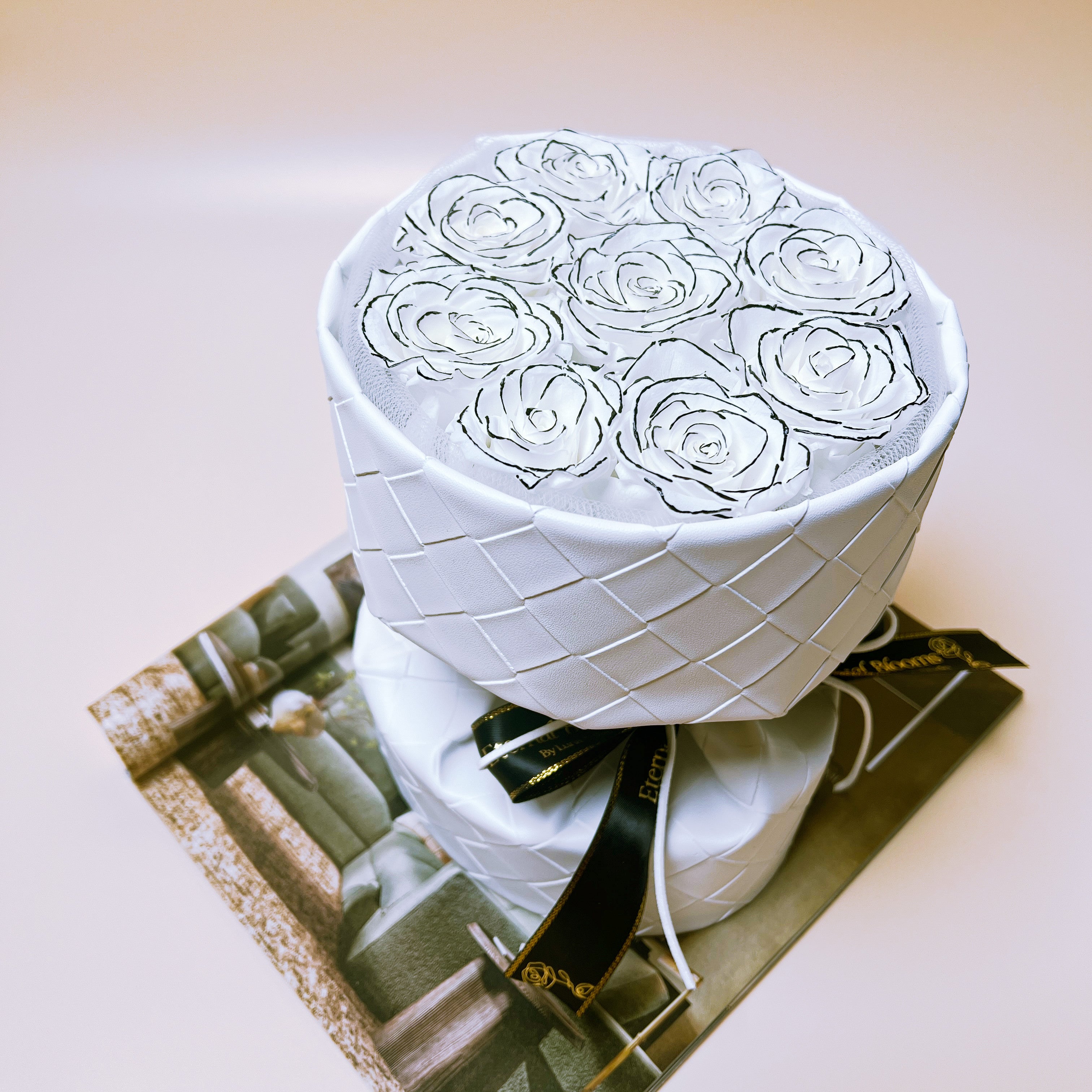 Preserved Roses Leather Style Bouquet – 9 Roses – White