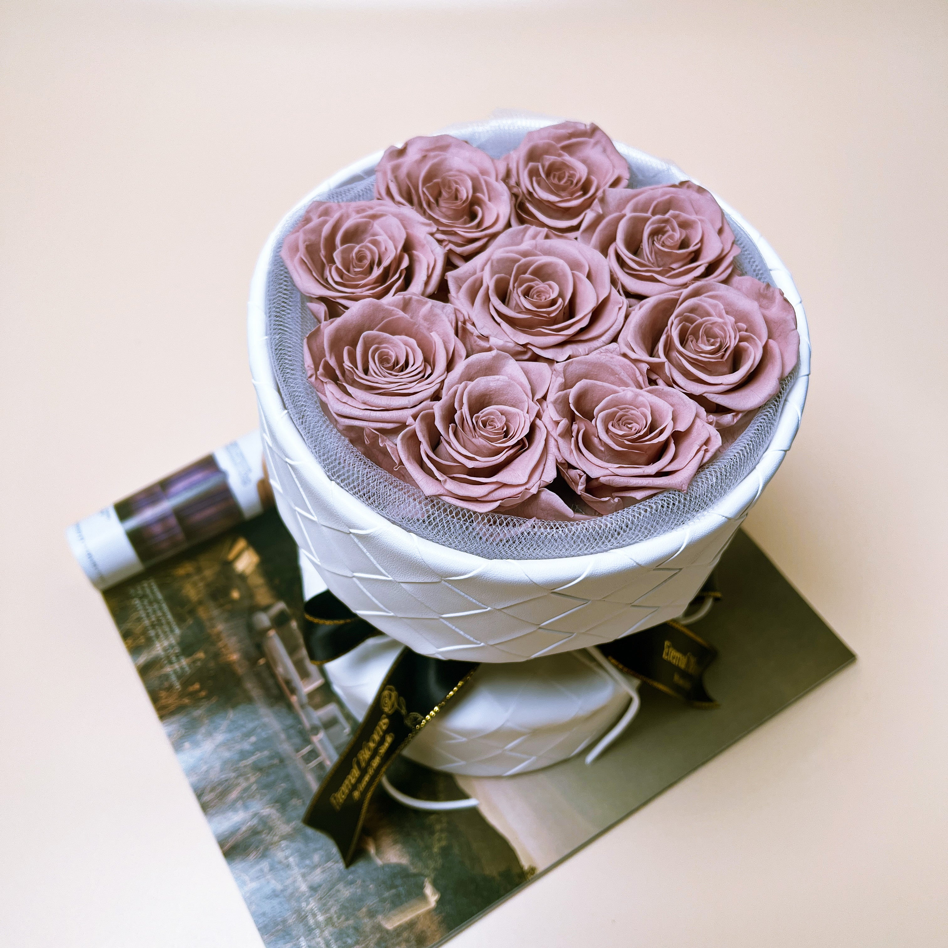 Preserved Roses Leather Style Bouquet – 9 Roses – Blush Pink