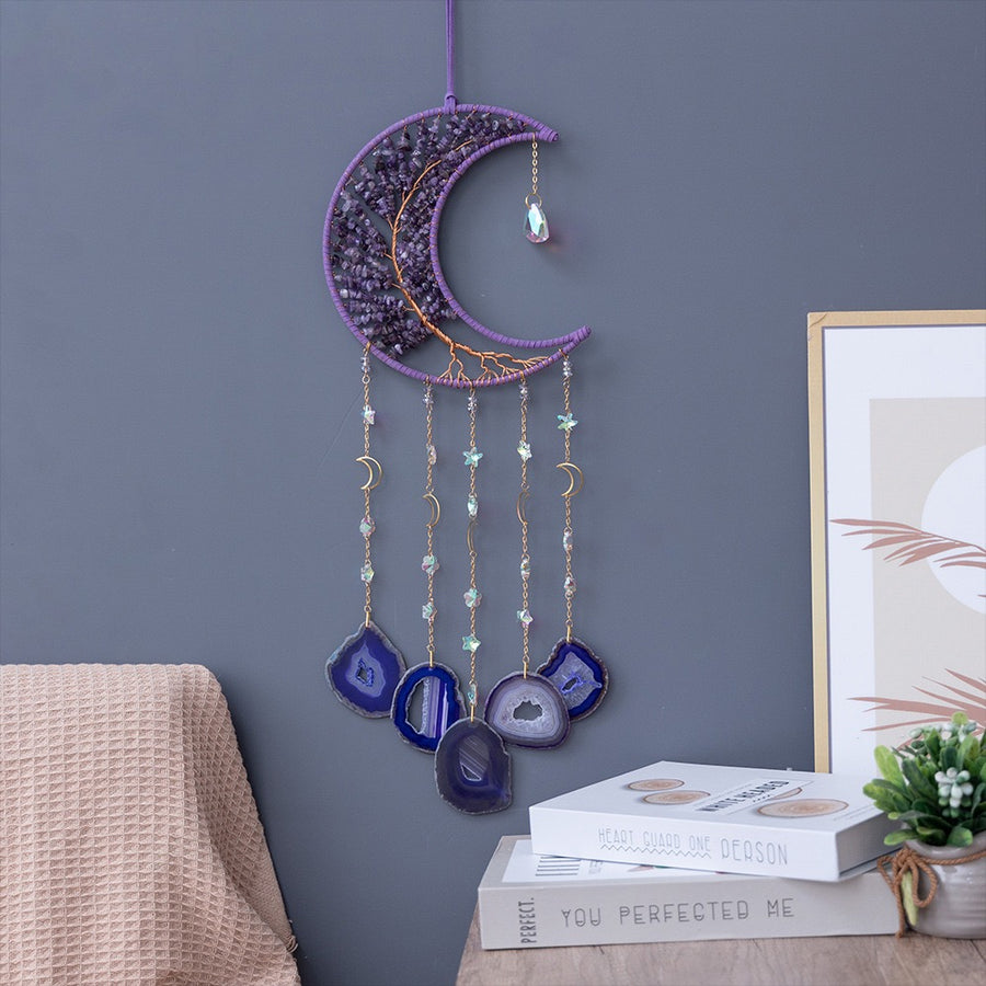 Purple Crystal Moon Shape Dream Catcher with Healing Agate