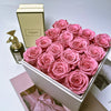 Preserved Roses Box Acrylic Cover – Square – Pink – 16 Roses