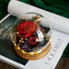 Glass dome with red preserved rose and decorative elements on an open book