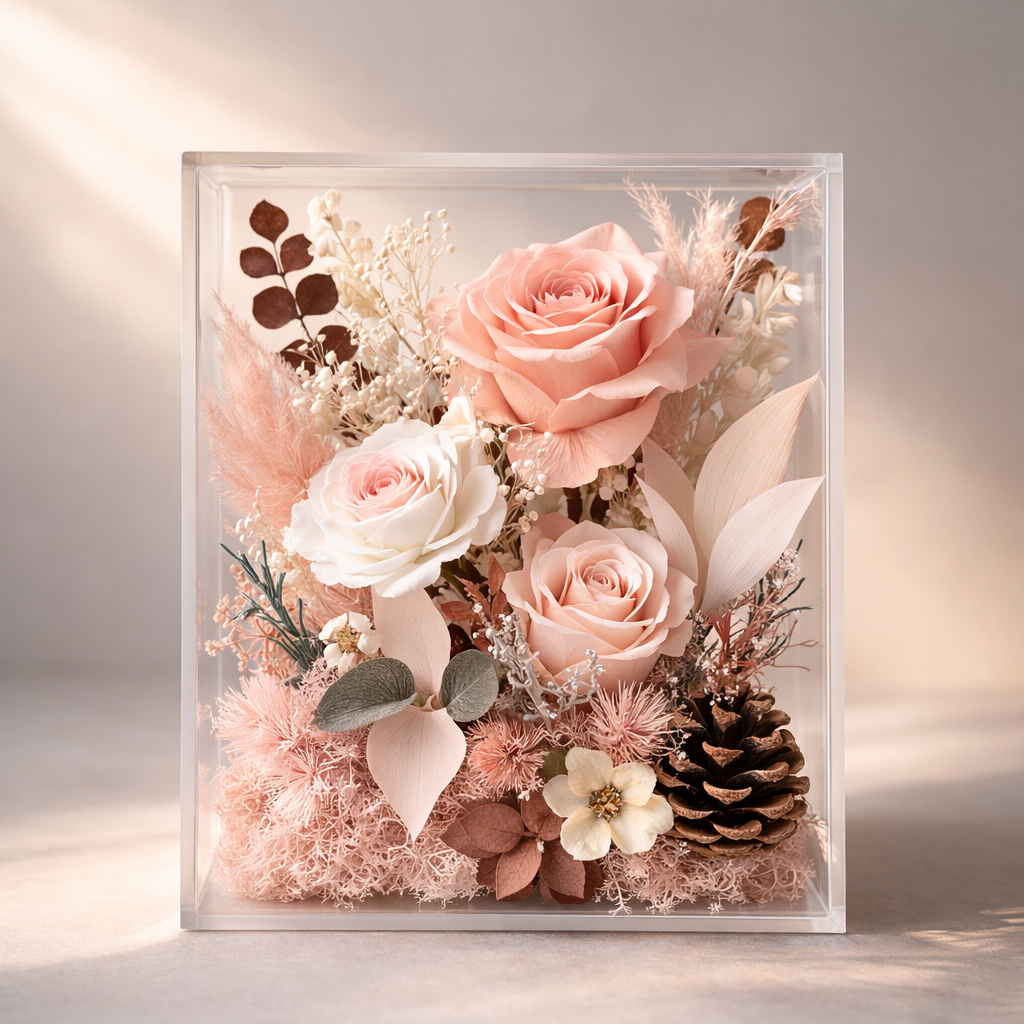 preserved pink tone flowers arrangement in acrylic box, luxury gift, real rose preserved, Australia