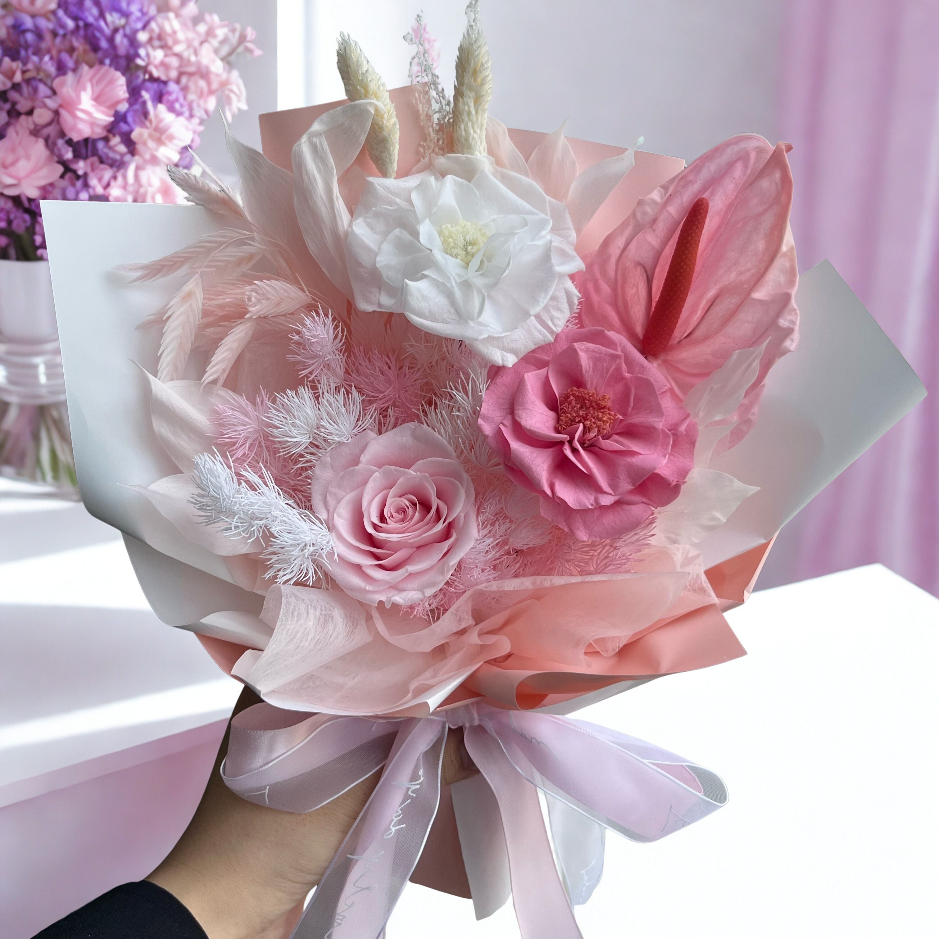 Anthurium Style Preserved Roses Bouquet - Pink