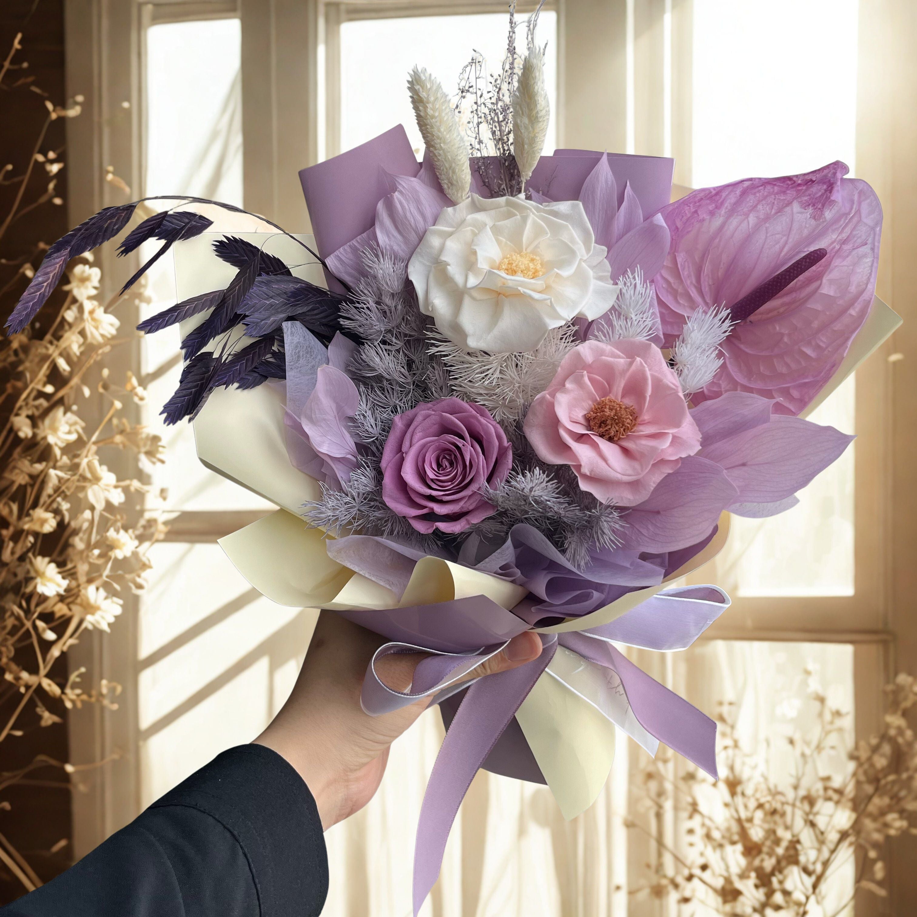 Anthurium Style Preserved Roses Bouquet - Purple