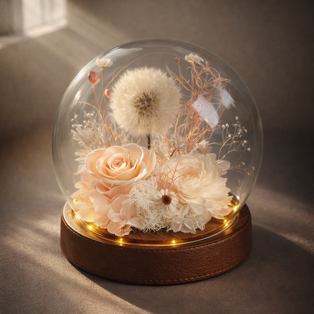 Glass dome with preserved flowers on a wooden base, elegant gift for her