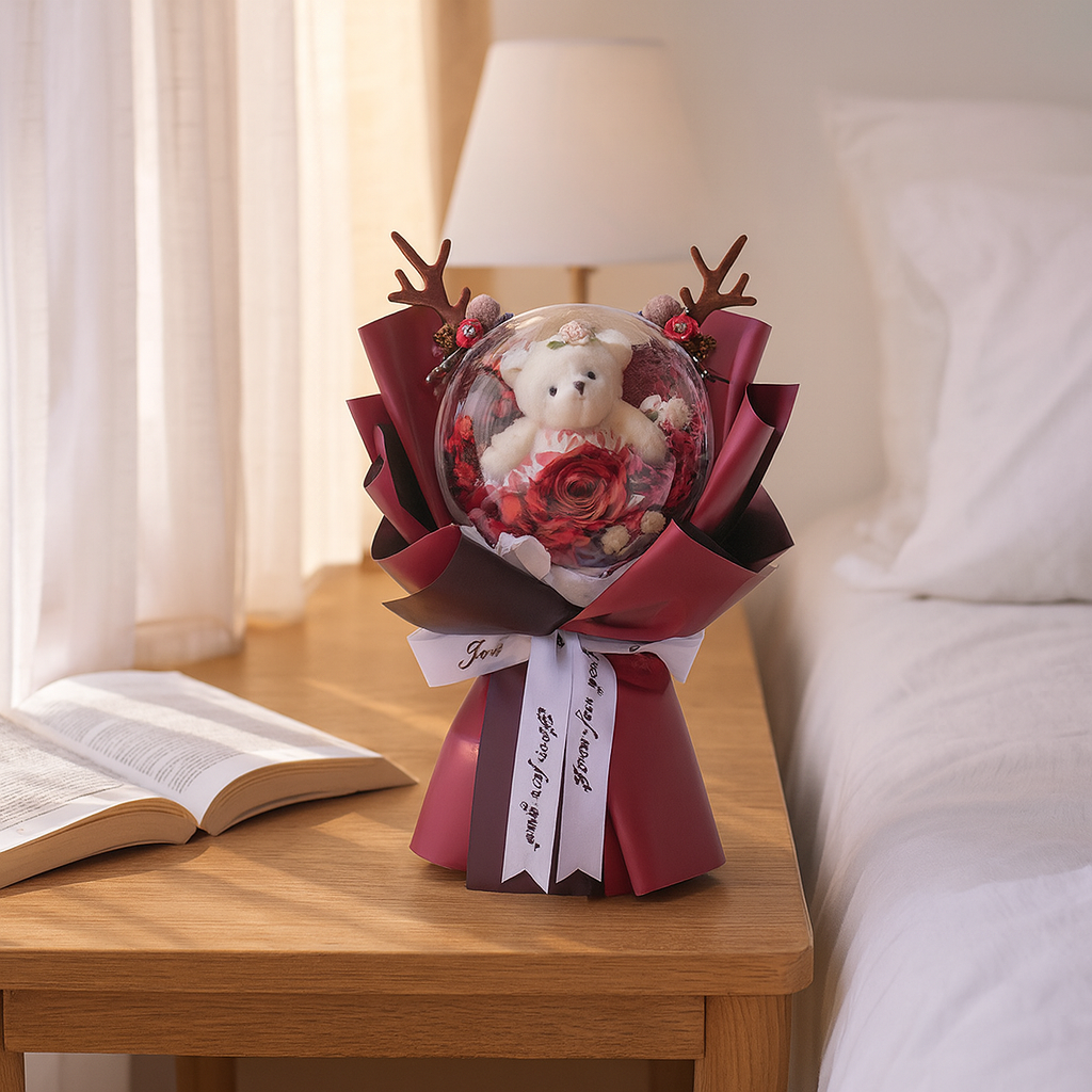 Bear Love Transparent Bubble Balloon Preserved Rose Bouquet