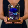 Glass dome with blue and purple preserved flowers held by a person