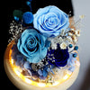 Decorative arrangement of blue and purple flowers with a glowing base on a dark background