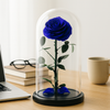 Blue preserved rose in a glass dome on a desk with books, glasses, and a mug.