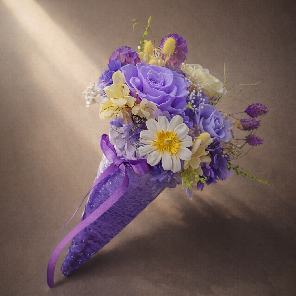 bouquet with purple and yellow flowers on a acrylic cone, cute gift australia