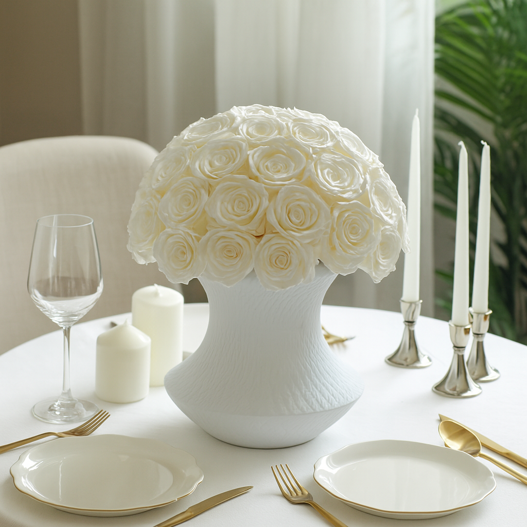 Preserved Roses Arrangement in White Ceramic Vase – White Roses
