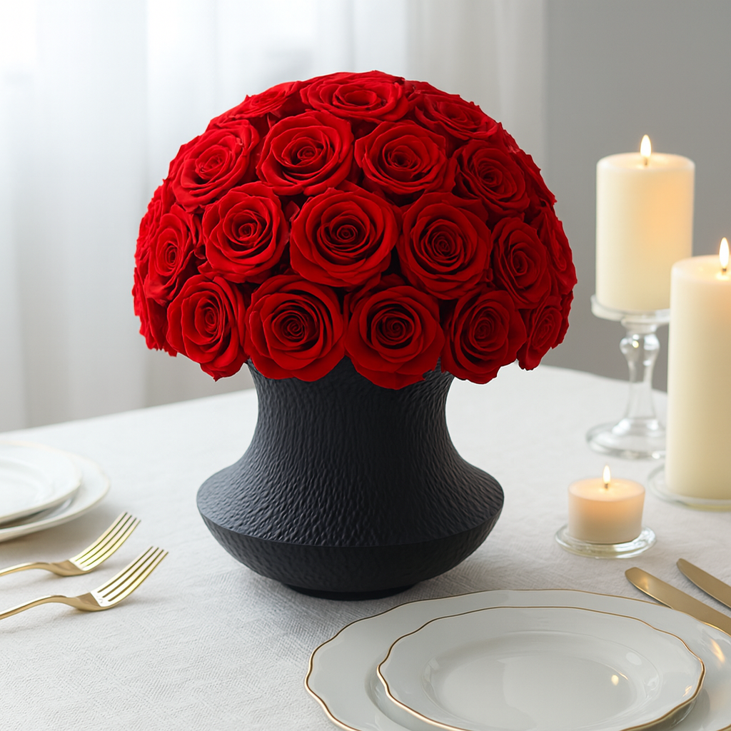 Preserved Roses Arrangement in Black Ceramic Vase – Red Roses