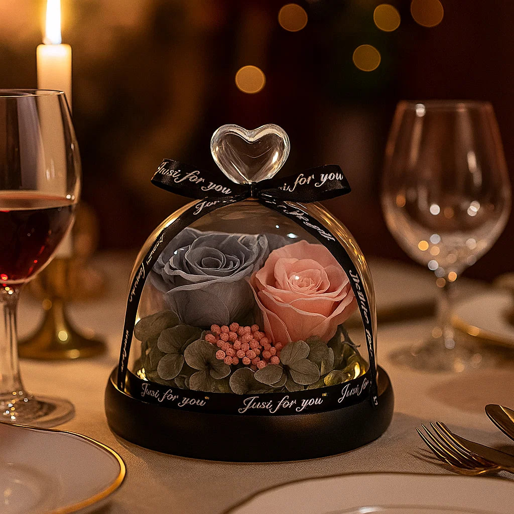 Preserved Rose Glass Dome – Heart Handle – Blue & Pink