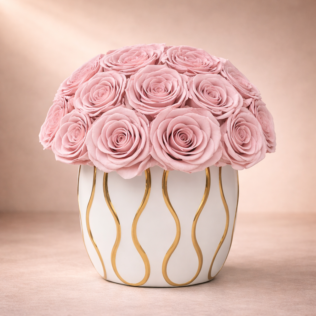 White ceramic vase with gold wavy lines holding pink preserved roses on a soft pink background. preserved roses gift for Mother’s Day
