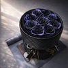 preserved purple roses bouquet in black leather wrapping