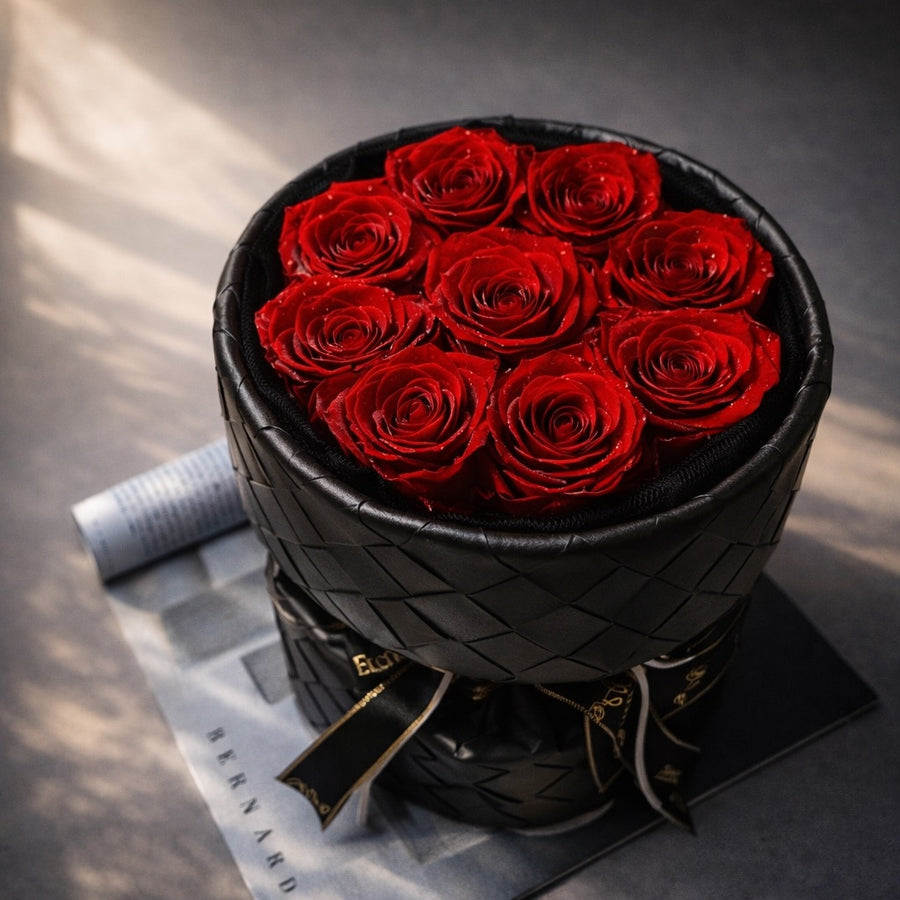 preserved red roses bouquet in a black leather wrapping, romantic preserved rose gift for anniversary