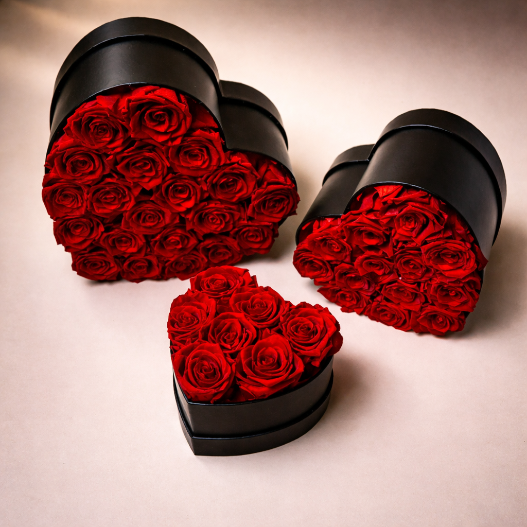 Heart-shaped black boxes filled with red preserved roses, luxury gift, real rose preserved, Australia