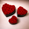 Three heart-shaped boxes filled with red preserved roses on a light beige background