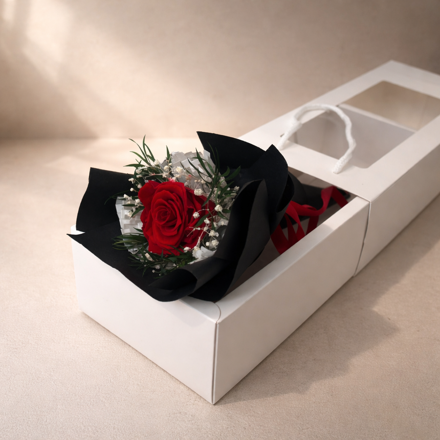 red preserved rose bouquet
