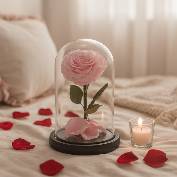 Pink rose in a glass dome with candle and petals on a soft surface
