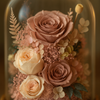 Decorative arrangement of pink and beige roses with greenery inside a glass dome.