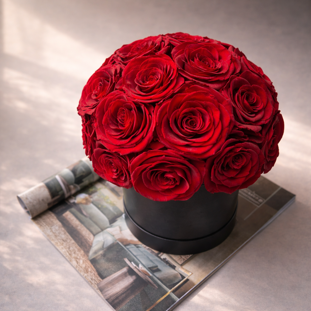 Black box with red preserved roses 