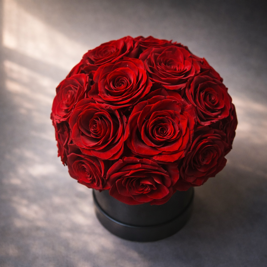 Bouquet of red preserved roses in a black box, premium box, long lasting roses