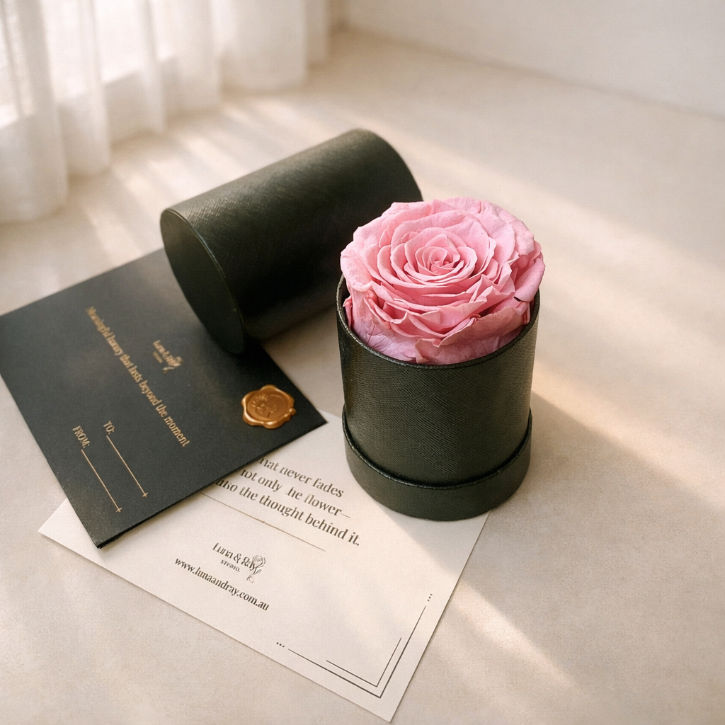 gift ready preserved pink roses in luxury box, ribbon and card included