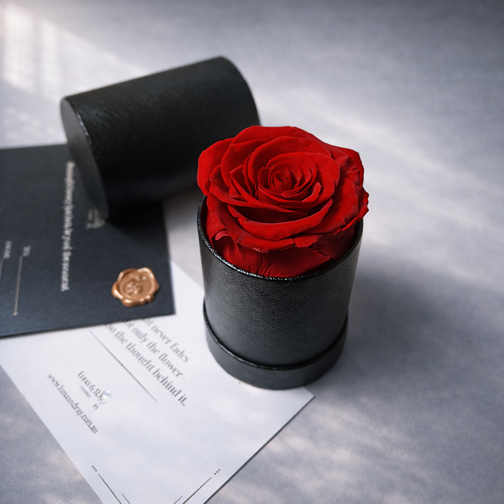 Red rose in a black cylindrical container on a gray surface with a black card and white card. preserved roses with premium packaging, perfect gift for her