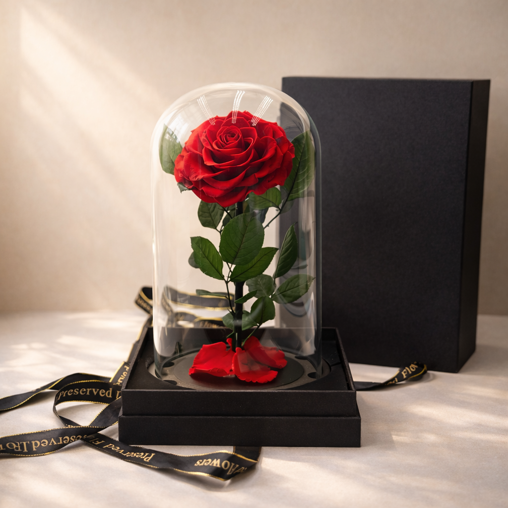 preserved red roses gift in glass dome , luxury black box, ready to gift, Australia