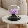 Purple flower arrangement under a glass dome on a marble table with a couch in the background