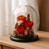 Decorative glass dome with red and orange preserved roses on a wooden surface