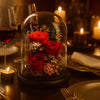 Glass dome with red preserved roses on a romantic dinner table with candles and wine glasses.