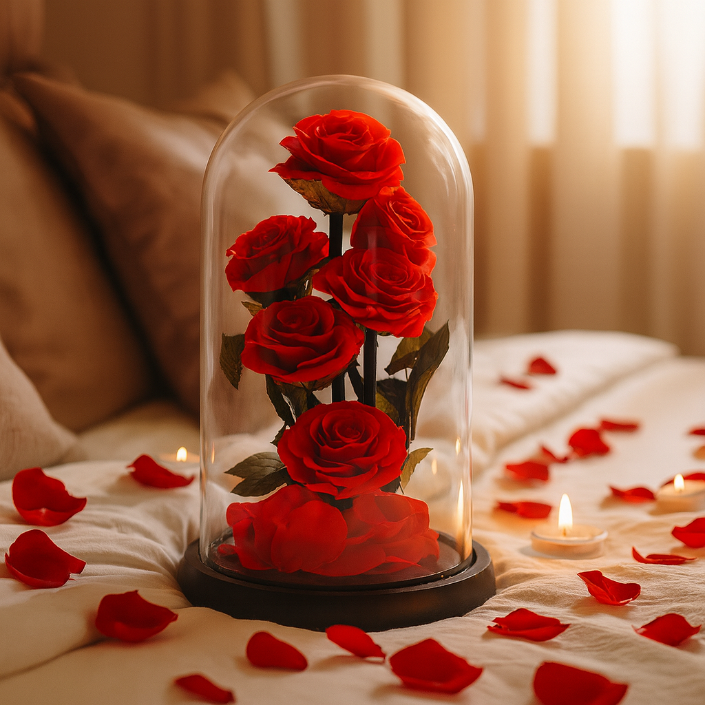Red preserved roses under a glass dome on a bed with scattered rose petals and candles.