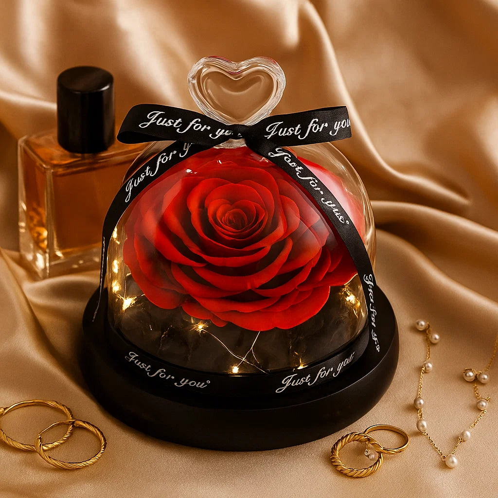 Red preserved rose in a glass dome， luxury gift, ready to gift
