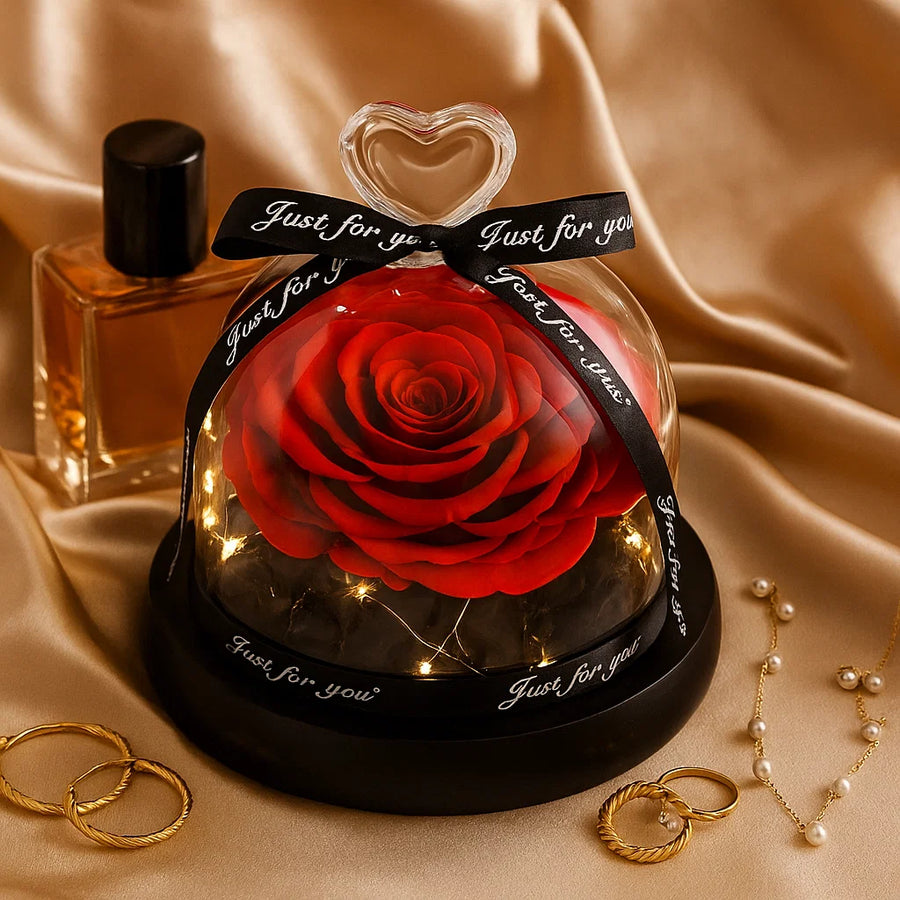 Red preserved rose in a glass dome， luxury gift, ready to gift