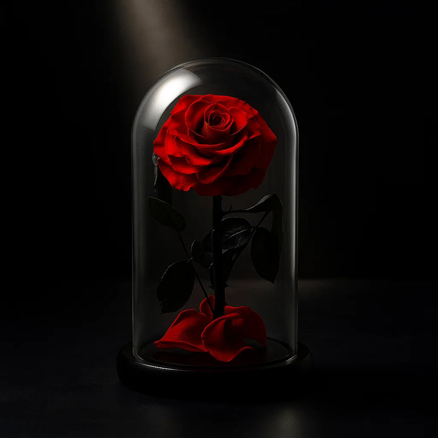 Red preserved rose under a glass dome on a black background