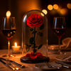 Red rose under a glass dome on a romantic dinner table with wine glasses and candles.